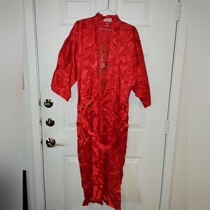 Vintage Size M GOLDEN BEE CHINESE RED LONG RAYON KIMONO HAND EMBROIDERED ROBE